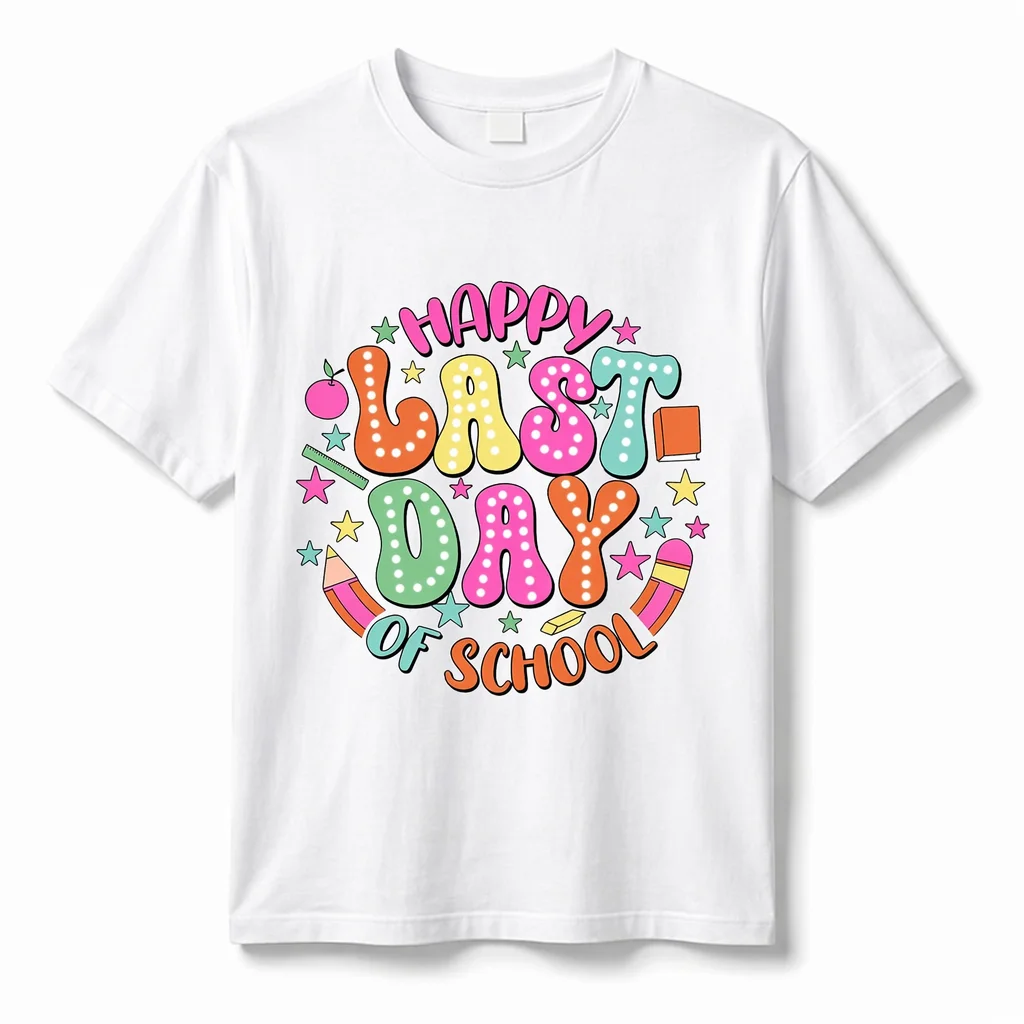 Happy Last Day of School Shirt Women 100% Cotton Colorful Graphic Tee Teacher Summer Break T Shirt Short Sleeve