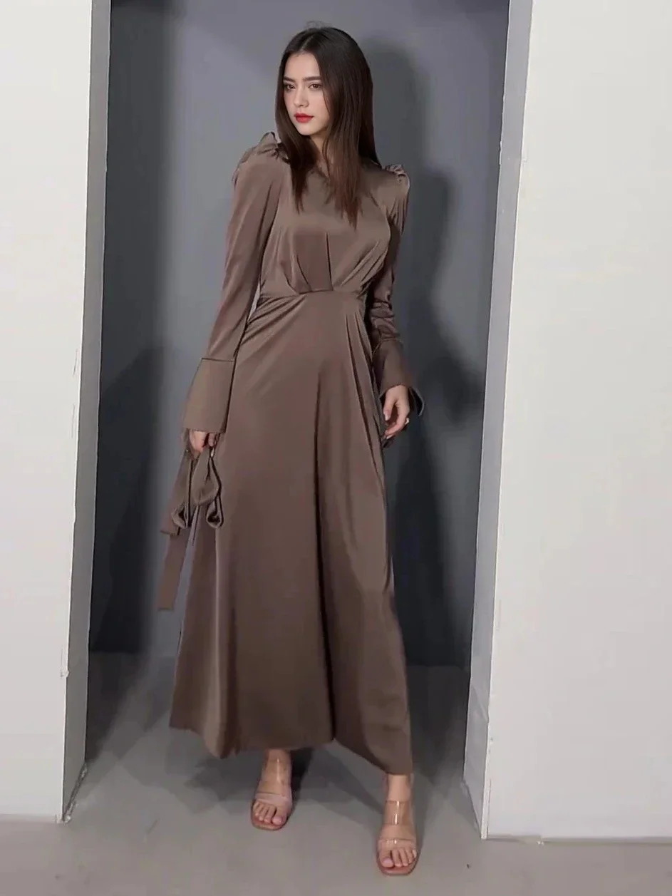 Eid women Dress for woman V Neck Belt Satin Maxi Long Dresses Abaya Ramadan Lace-up Abayas Kaftan Dubai Arab Modest Long Robe