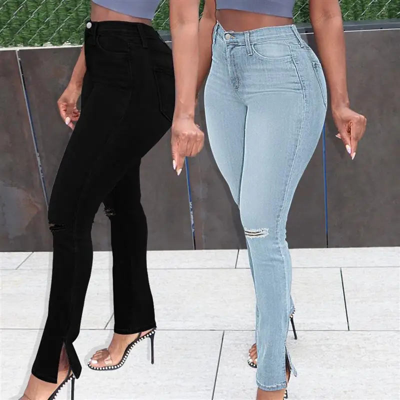 Traceable Summer New Denim Jeans Wish Crossed Cuffed Ripped Jeans Long Straight Leg Pants for Women