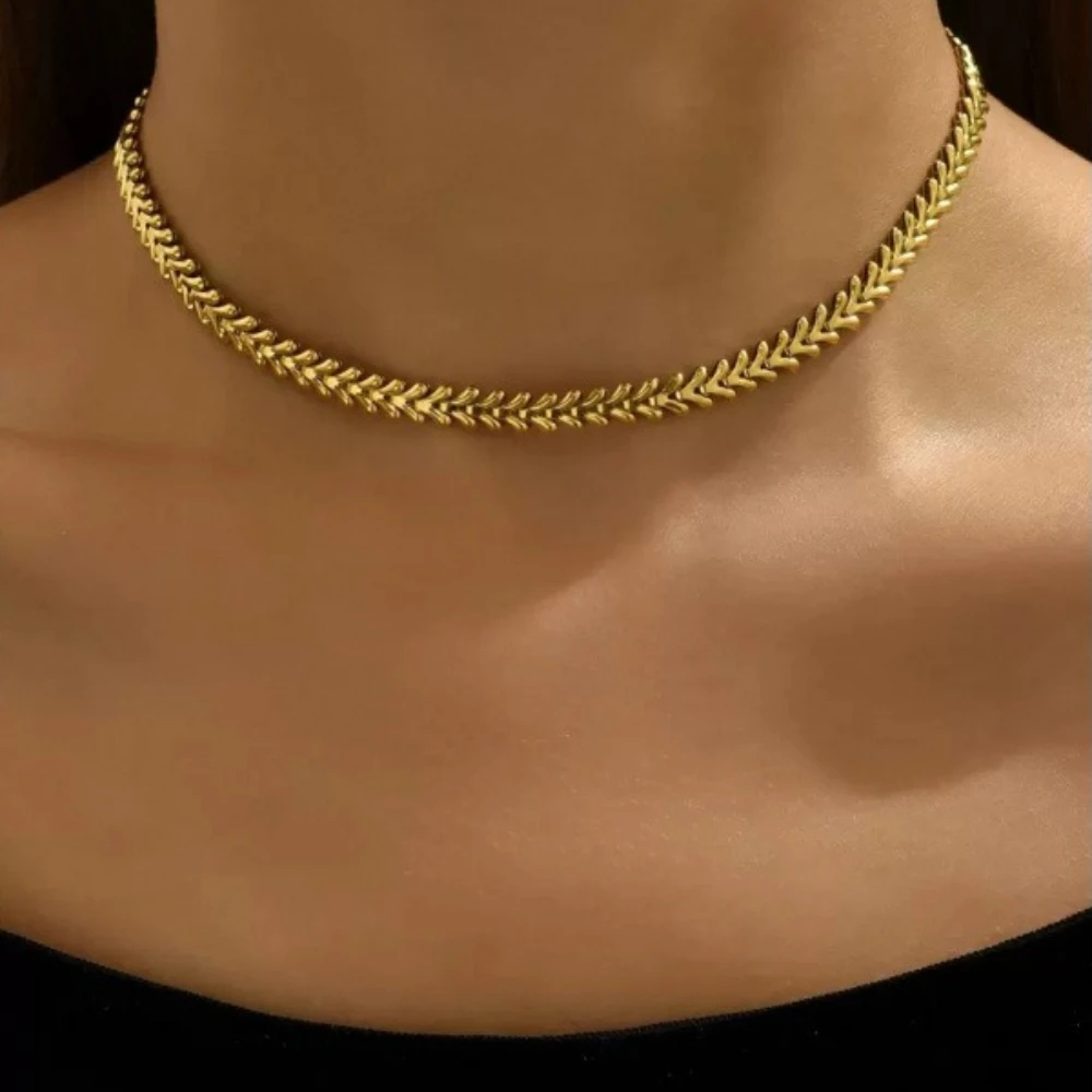 Chunky Wheat Shape Link Chain Necklace Gold Plated Stainless Steel Tarnish Resistant for Women Office & Casual Wear
