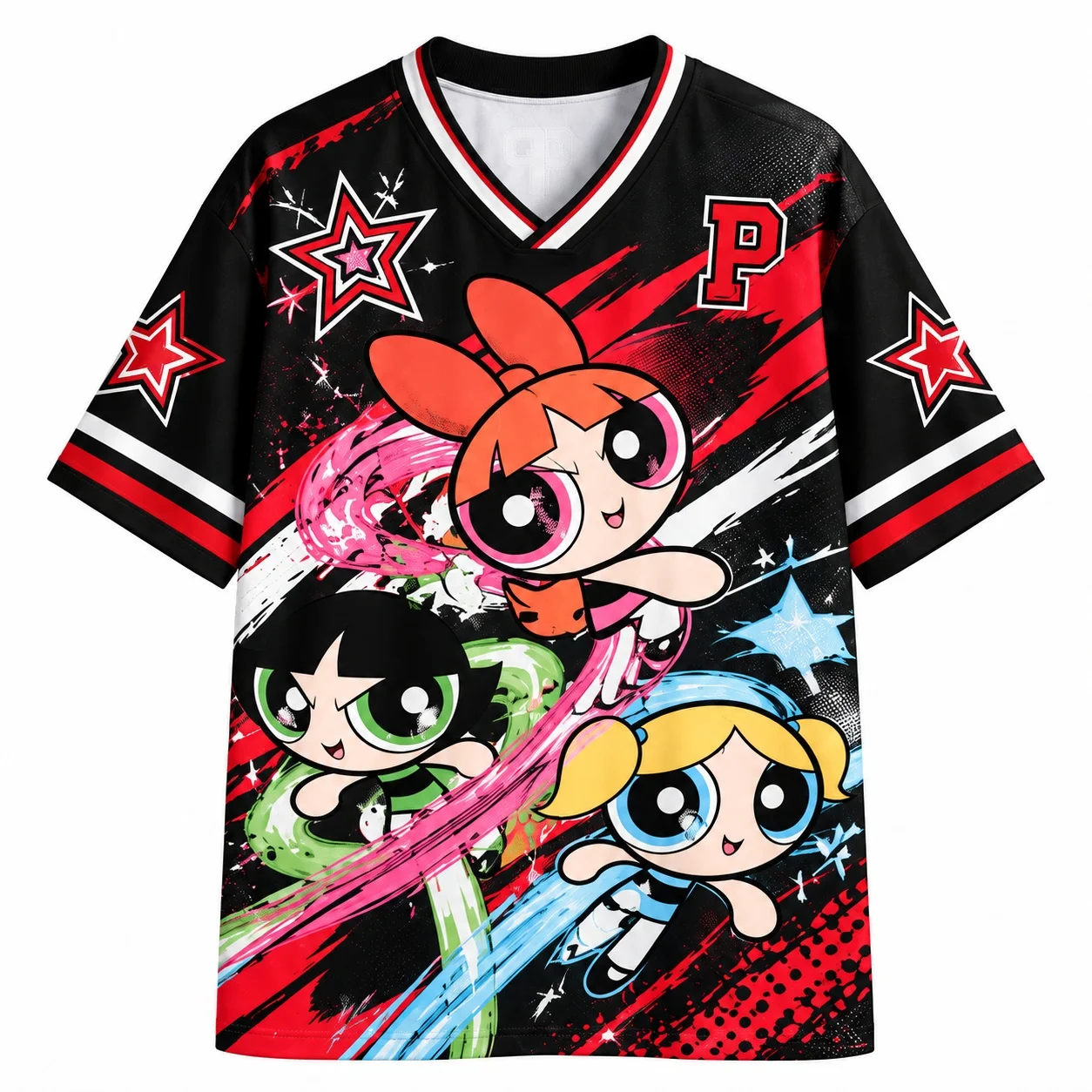 Powerpuff Girls Grafik-Trikot-Shirt für Erwachsene, Unisex, V-Ausschnitt, Cartoon-Streetwear, Y2K-Sportstil, lässiges Oberteil – Detail 2