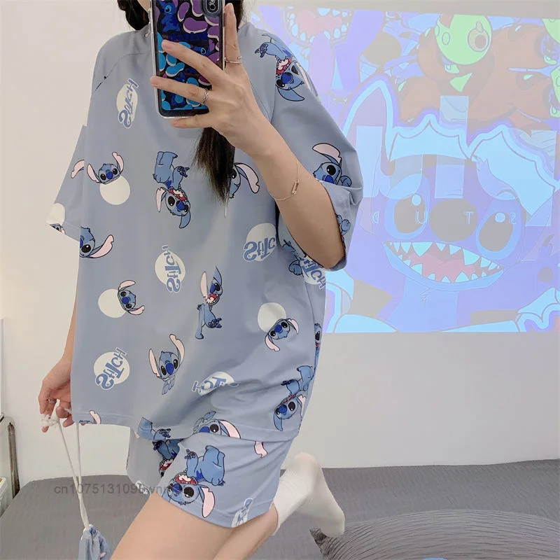 Disney Stitch Loose Casual 2 Pcs Short Pajamas Women\'s Summer Shorts Cute Cartoon Student Summer School Dorm Home Suit