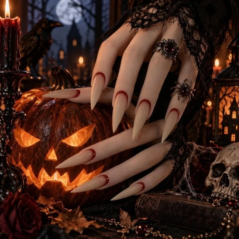 Manicure Sets Gothic Halloween False Nails Gradient Long Pointed Blood Stained Fake Nail Wearable Press-on Nails Party