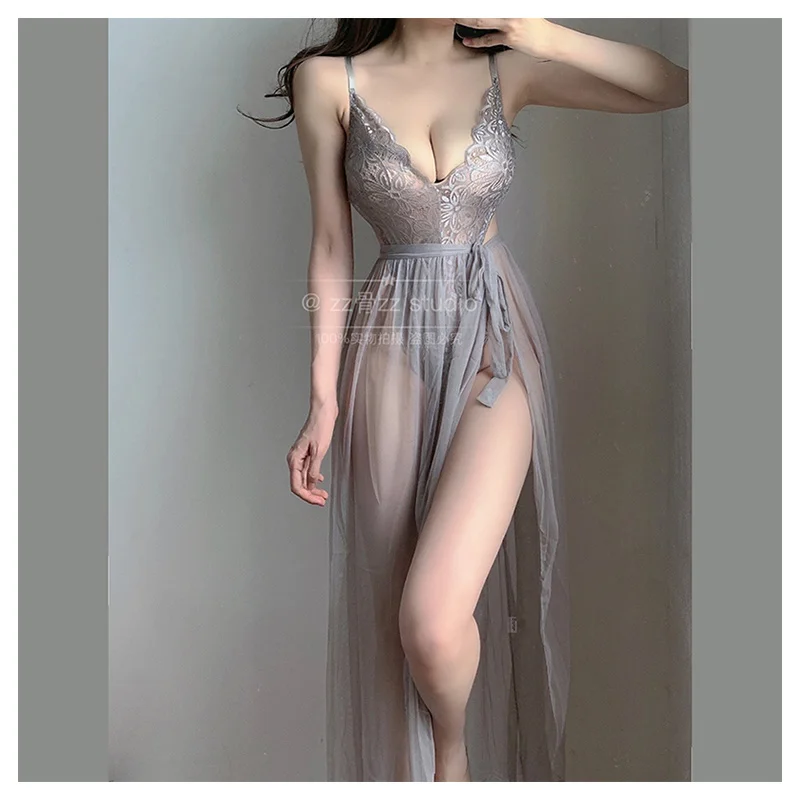 2023 New Exotic Super Sexy US Women V Neck Lace Transparent Mesh Strap Backless Maxi Dress Long Robe Korean Girl SWeet Japan 5A view 5