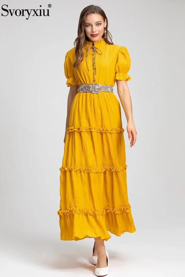 

Svoryxiu 2022 Designer Fashion Summer Vintage Yellow Midi Dress Women's Flare Sleeve Button High Waist Sashes Slim A-LINE Dress