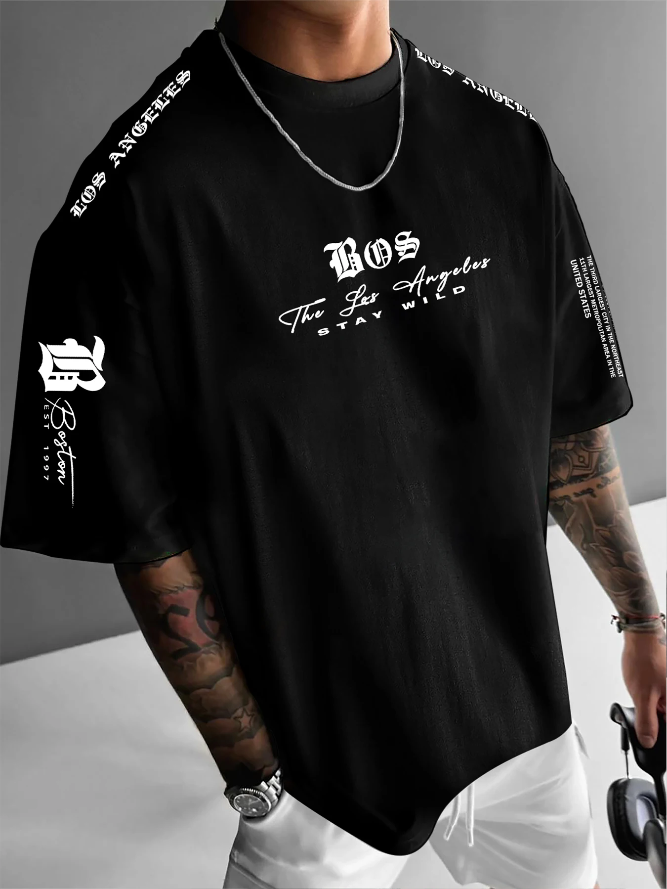 Men's Boston & LA Gothic Script Print T-shirt, Oversized Loose Fit Streetwear Tee, Casual Tops S-XXL