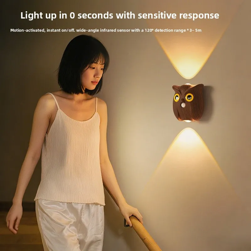 Owl Design Magnetic Wall Lamp with Motion Sensor, USB Rechargeable Night Light for Bedroom Bathroom Hallway Kitchen Cupboard