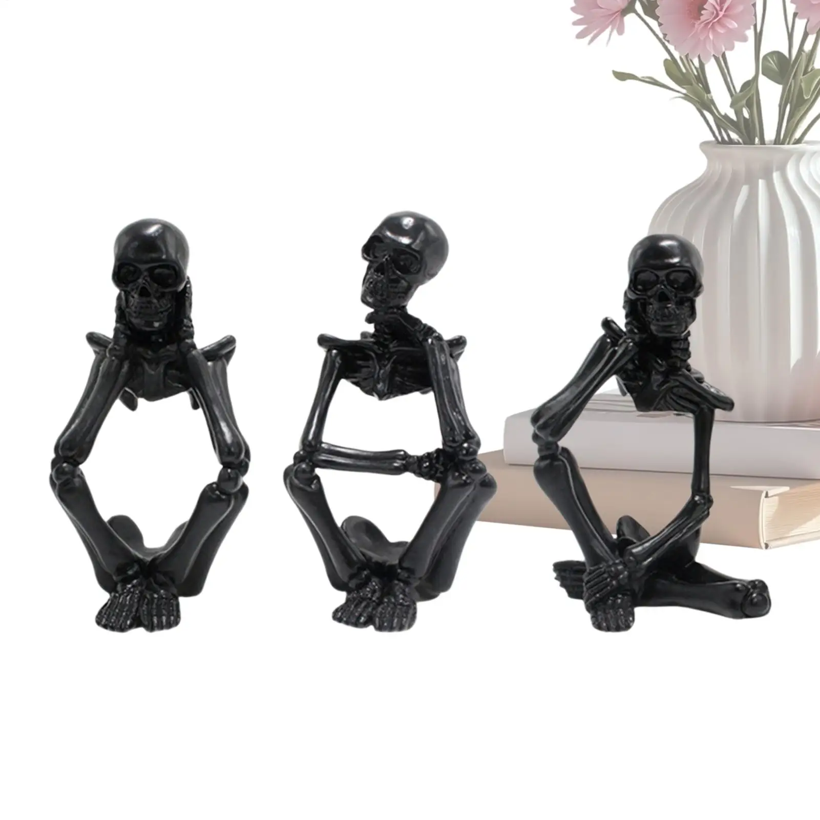 Skull Figurine 3 Pieces Resin Black Spooky Funny Sitting Pose Skulls Halloween Decor Set for Living Room Bedroom Entryway Desk