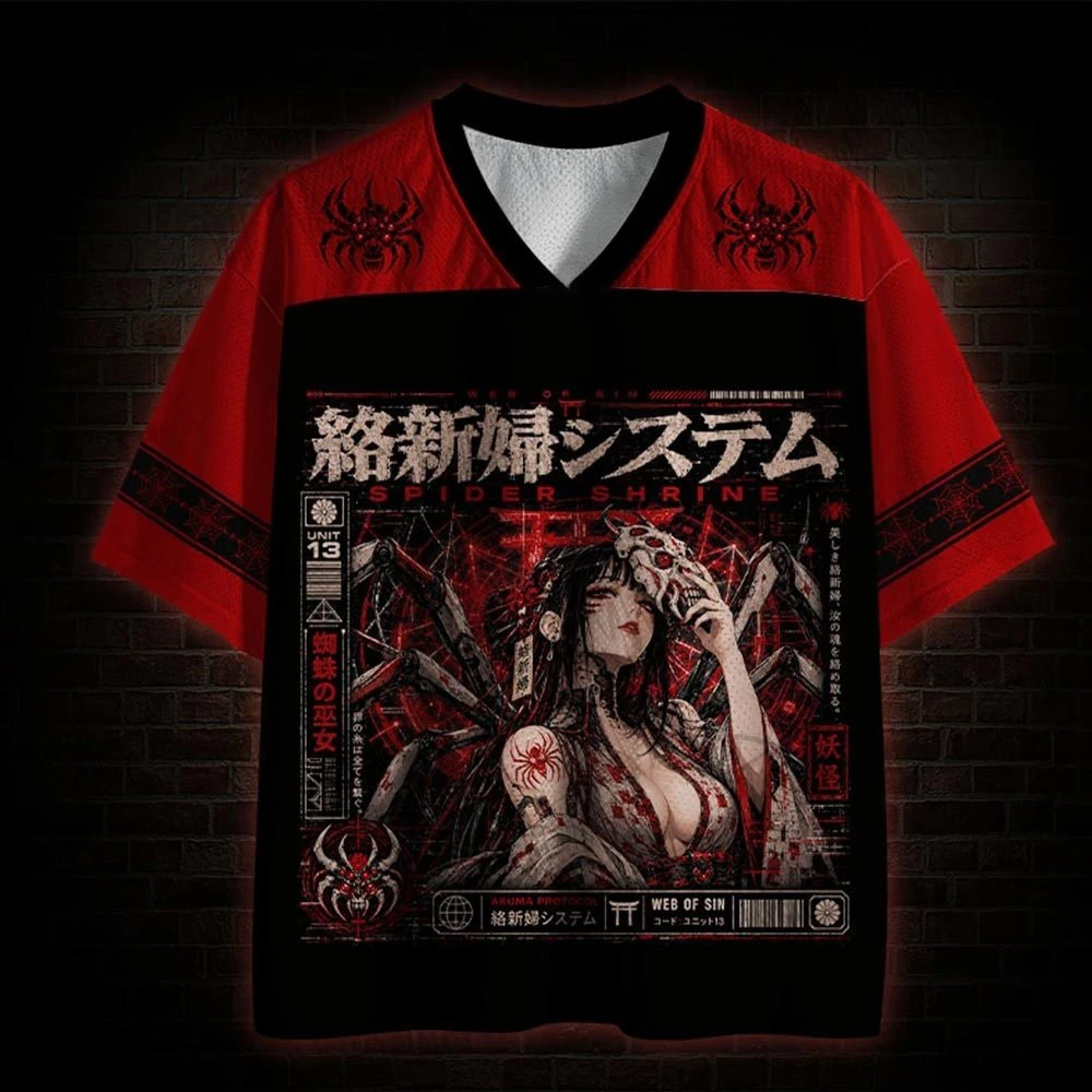 2026 Spider Shrine Japanese Yokai Front Back Print Jersey Shirt Unisex Oversized Red Black Mesh Short Sleeve Anime Gothic Top