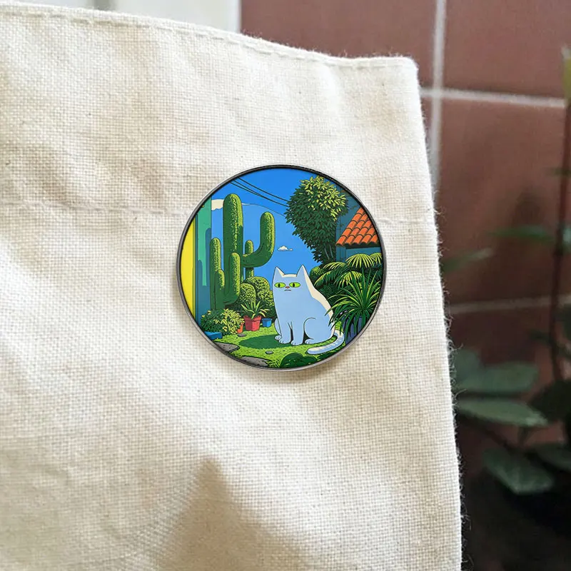 Desert Garden White Cat Illustration UV Printing Pin Cactus Palm Tree Scene Brooch Lapel Badge Jewelry Gift for Plant Lover