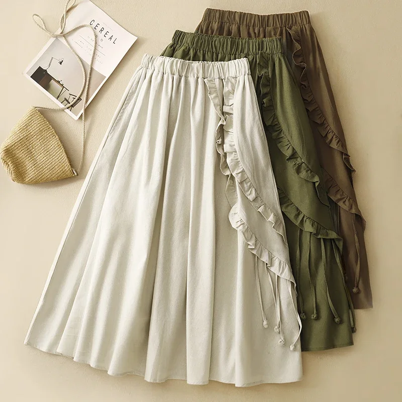 PopSolid Color Cotton And Linen Wood-ear High-drop Skirt Women's 2024 Summer New Korean-style Loose Elegant Casual Mid-length Sk