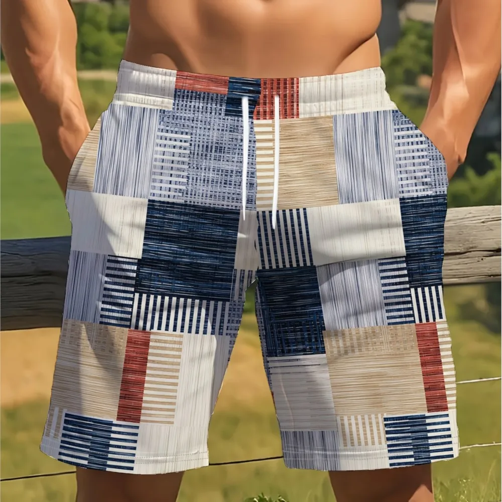 2026 Summer New Men's Color Blocked Printed Casual Outdoor Sports Breathable Quick Drying Beach Mesh Shorts