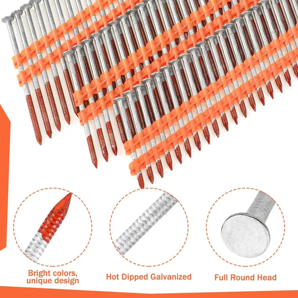 亜鉛メッキプラスチックフレームネイルリングシャンク,21度,ストリップヘッド,完全なラウンド,一貫したパフォーマンスのための供給,1000カウント