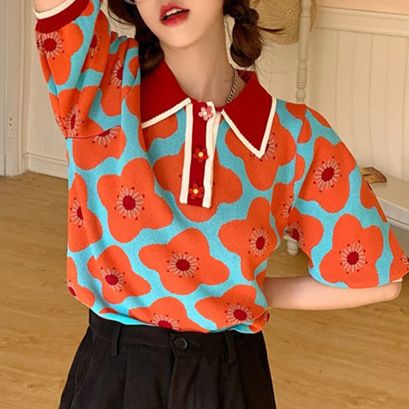 Summer New POLO Collar Fashion Short Sleeve Polo Shirts Women High Street Casual Loose Button Pullovers Floral Printing Y2K Tops