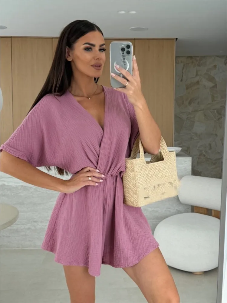Summer Fashion New Jumpsuit V-neck Short Sleeve Solid Color Waist Loose Casual Women One-piece Shorts Suit Holiday Playsuit