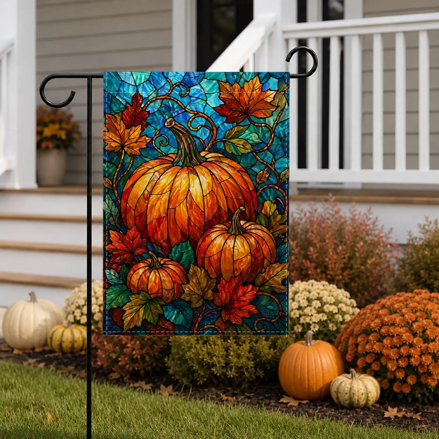 Stained Glass Pumpkin Garden Flag 12x18 Inch Double Sided Fall Yard Flag, Autumn Harvest Thanksgiving Outdoor Decoration wit kkz