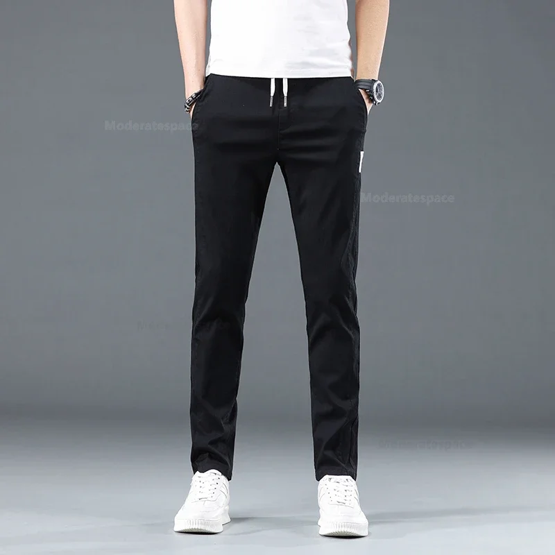 2024 Summer Thin Cotton Men\'s Casual Slim Pants Soft Comfortable Elastic Wrinkle Resistant Drawstring Classic Casual Pants Male