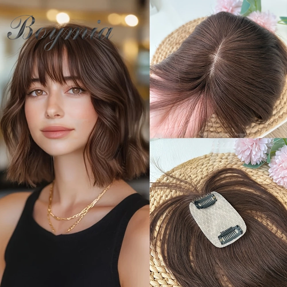 Dark Brown Human Hair Topper with Bangs for Women | 1.97inch x 3.54inch, Straight Hair, Clip-In Piece for Thinning Hair