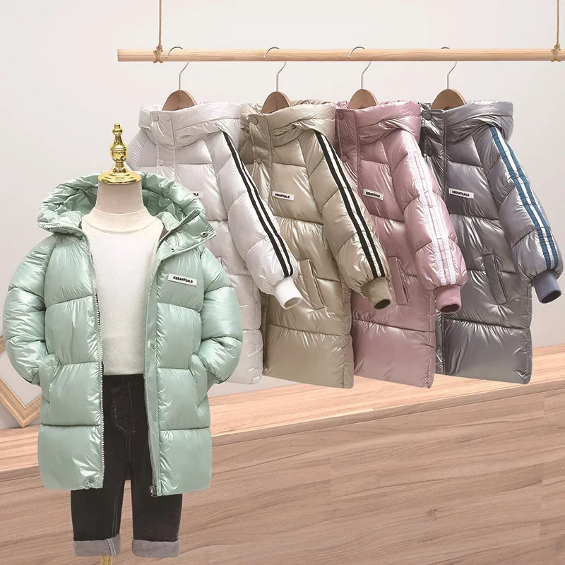 

3-12 Years Winter Keep Warm Boys Jacket Long Style Solid Color Glossy Waterproof Stain Resistant Hooded Coat Teen Kids Outerwear