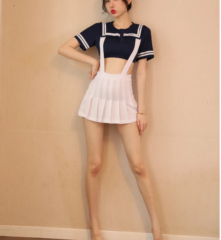 Cute Girl Sweet Mini Dress White Pleats Maid Dark Blue T Shirt O Neck Tees Uniform Hot Sexy Korean Women Tops V730