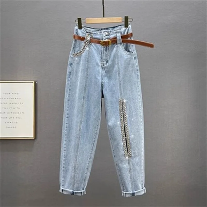 

European Harlan Jeans Woman 2023 New Spring and Summer High Waist Loose Slim Diamond-Encrusted Old Daddy Radish Pants Female