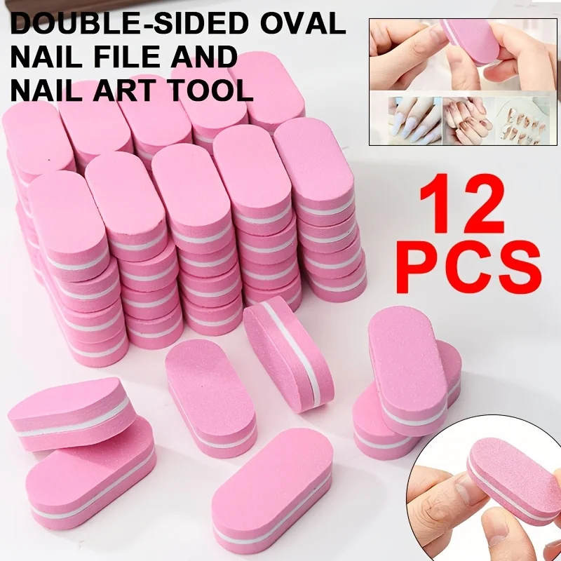 12pcs Mini Double-Sided Nail File Sponge Pink Oval Nail Polishing Blocks Pink Buffing Tools Nail Care Tools Nail Art DIY