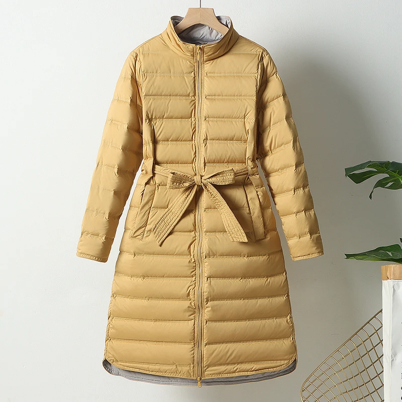 Pato branco feminino para baixo casaco longo leve, casaco de inverno mulher, quebra-vento outono, Parkas sem costura, tecido macio