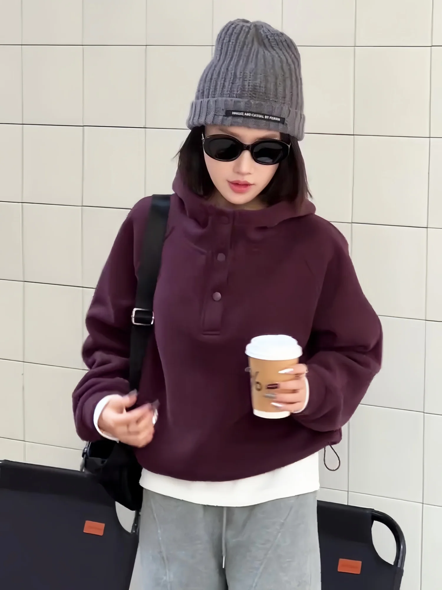 Lazin Sle Sweat à capuche Faion pour femme Coupe ample Velboa Inner Sve Longue fermeture éclair sur le devant Bouton unique Bot Dstring Oversiz...