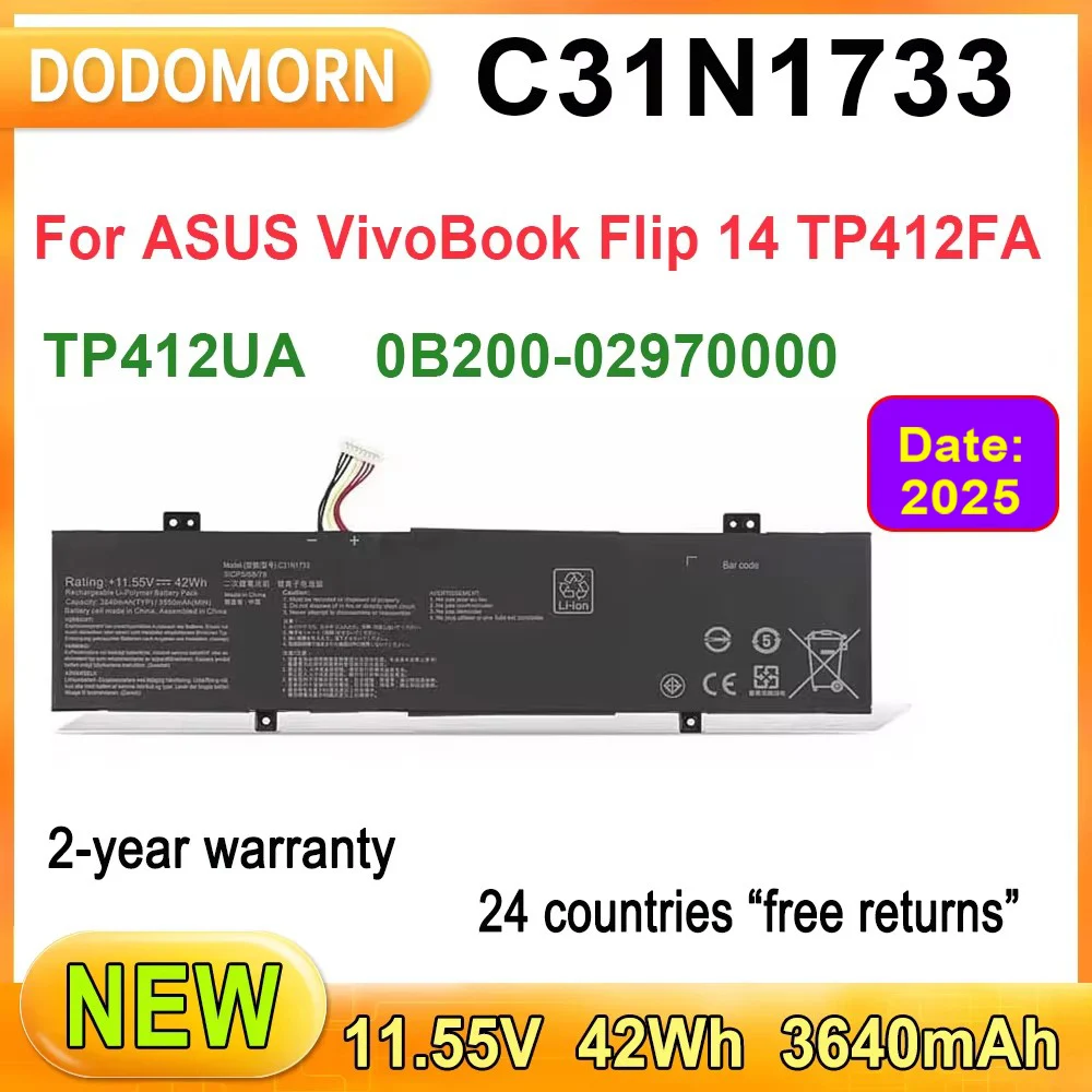 New Laptop Battery C31N1733 For ASUS VivoBook Flip 14 TP412FA TP412UA Series 11.55V 42Wh 3640mAh High Quality 2 Year Warranty