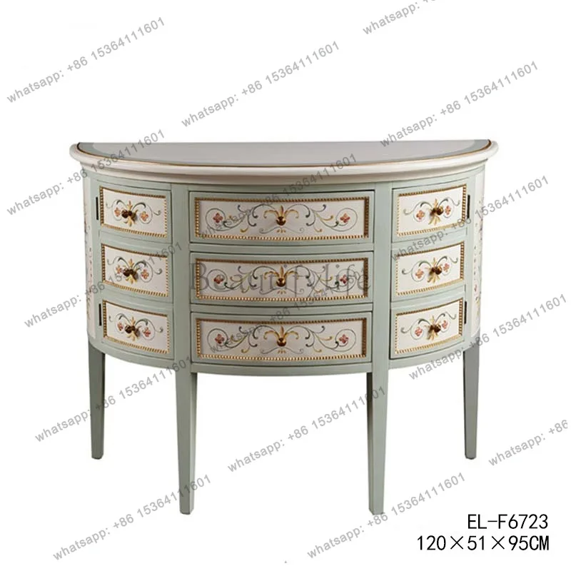 European hand-painted semi-circular entrance cabinet, light blue entrance cabinet in villa model room