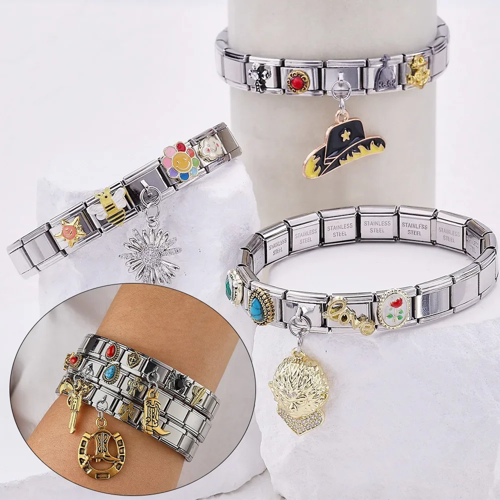 Western Cowboy Cap Boots Series Italian Charm 9mm Module Elastic Stainless Steel Bracelets for Woman Men DIY Making Jewelry Gift