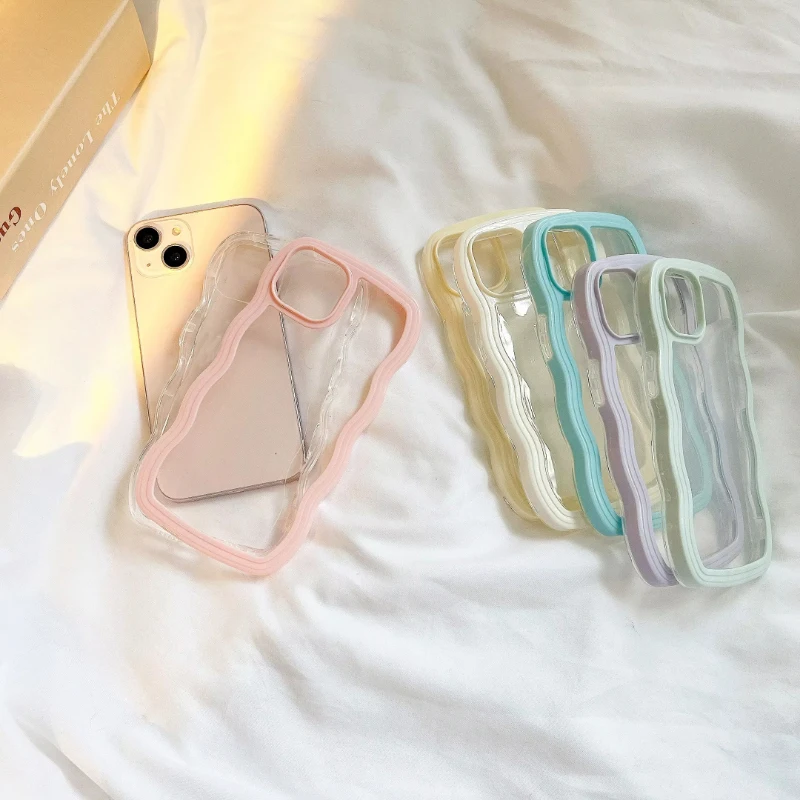 Fashion Transparent Curly Wave Case for iPhone 16 11 12 13 14 15 Pro Max 8 Plus X XR XS Shockproof Bumper Cover Capa Aesthetic