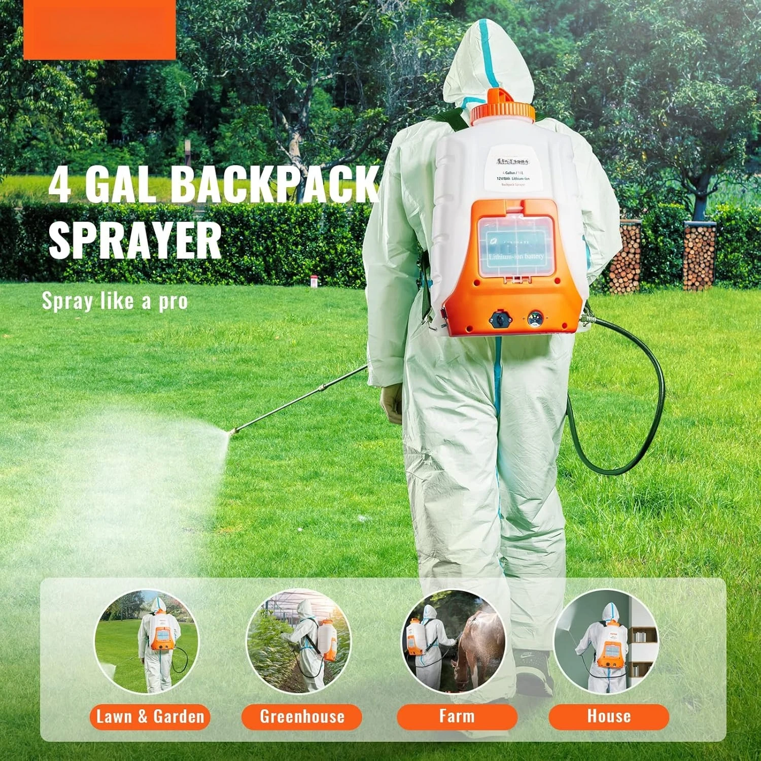 

Battery Powered Backpack Sprayer, 0-90 PSI Adjustable Pressure, 4 Gallon Tank, Back Pack Sprayer with 8 Nozzles and 2 Wands