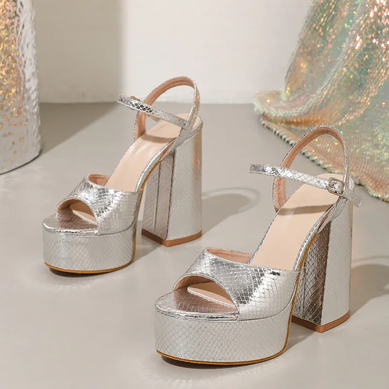 

Aneikeh Silver Sequins Platform Open Toe Buckle Strap Women Sandals Square High Heels Shoes Summer Fashion Zapatos De Mujer