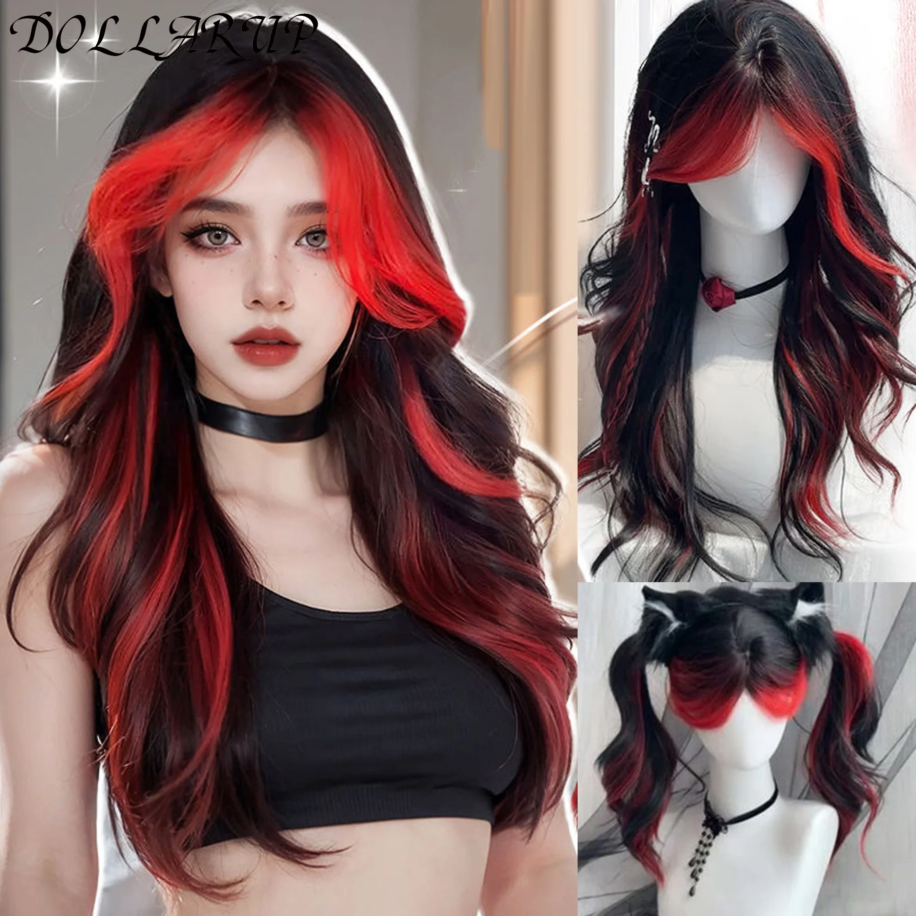 Black red Long Wavy Synthetic Wigs Middle Part Natural Wave Wig Heat Resistant Cosplay Party Daily Hair Wig for Women and Girls