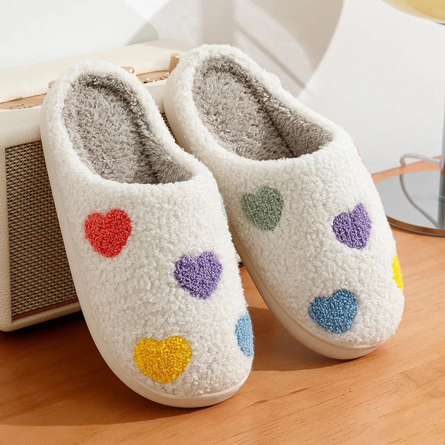 Cute Color Heart Women Slippers Valentine\'s Day Embroidery Fuzzy Romantic Love Comfy Flat Girl Friend Gift Winter Home Shoes