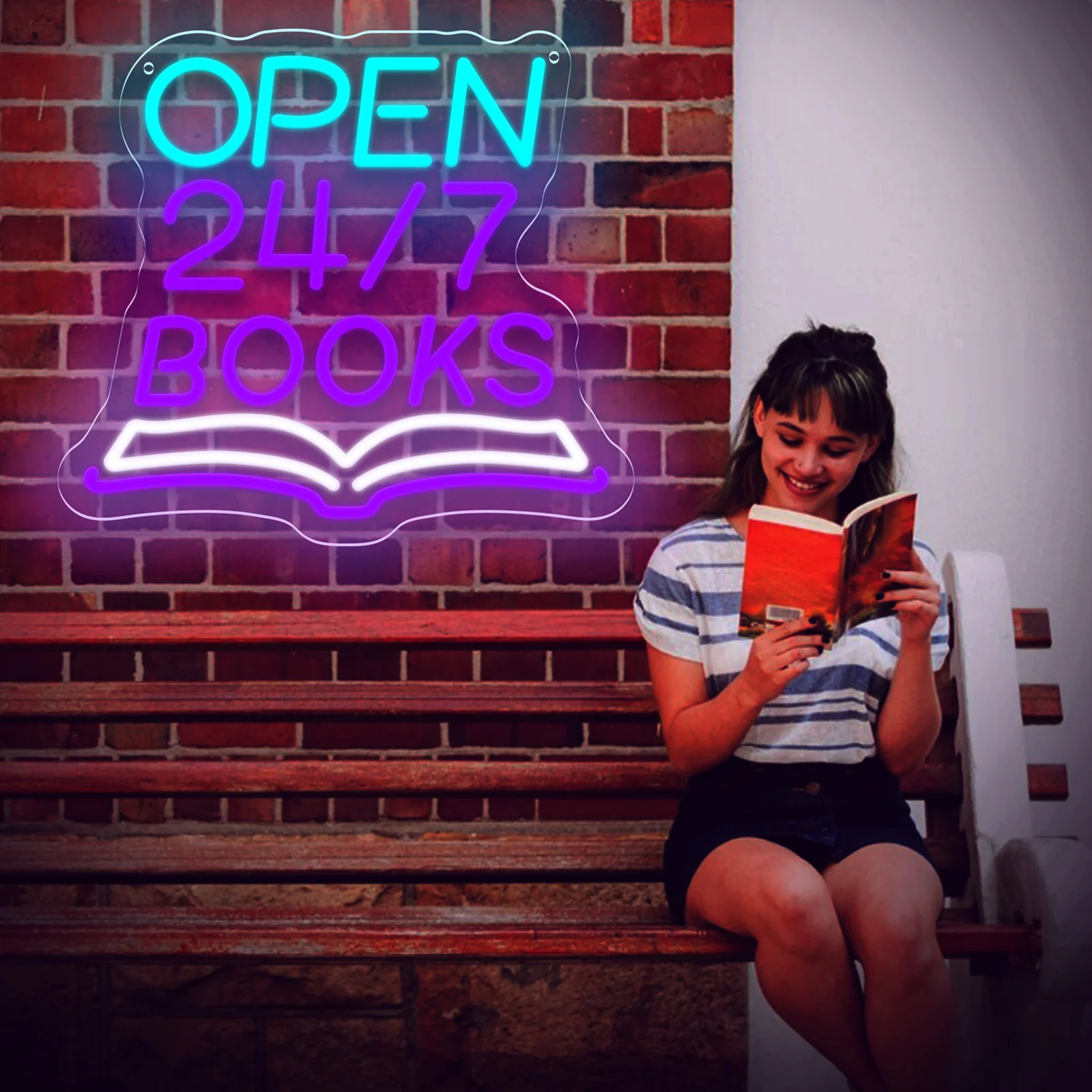 Open 24/7 Books LED Neon Sign USB Powered Dimmable Reading Nook Light for Bookstore Library Coffee Decor Gift for Book Lovers