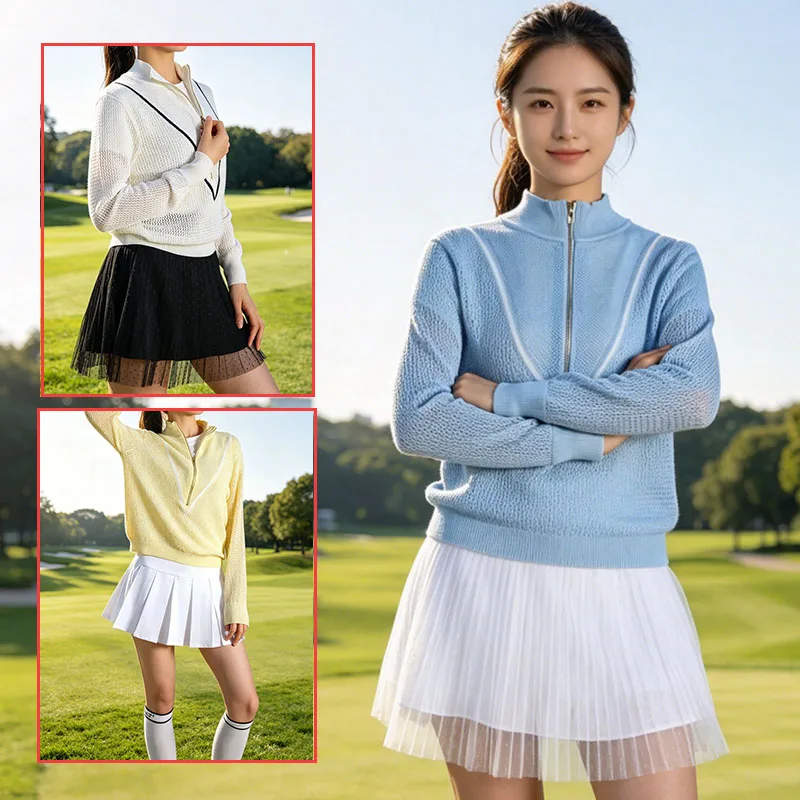 

Golfist Golf Women Apparel Long Sleeve Loose Golf Tops Sunscreen Knit Mesh Shirts Lady Lace Pleated Skirt Tennis Sports Skort