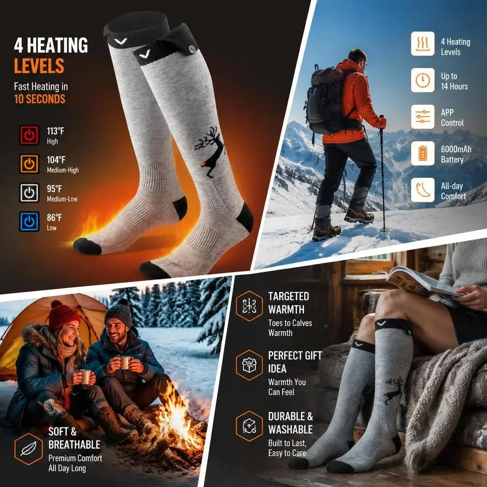 Calcetines térmicos, con batería de 6000 mAh, recargables y con 4 niveles de temperatura, calcetines eléctricos con control mediante aplicación para hombres y mujeres, calentador de pies para cazar, montar a caballo, acampar y hacer senderismo.