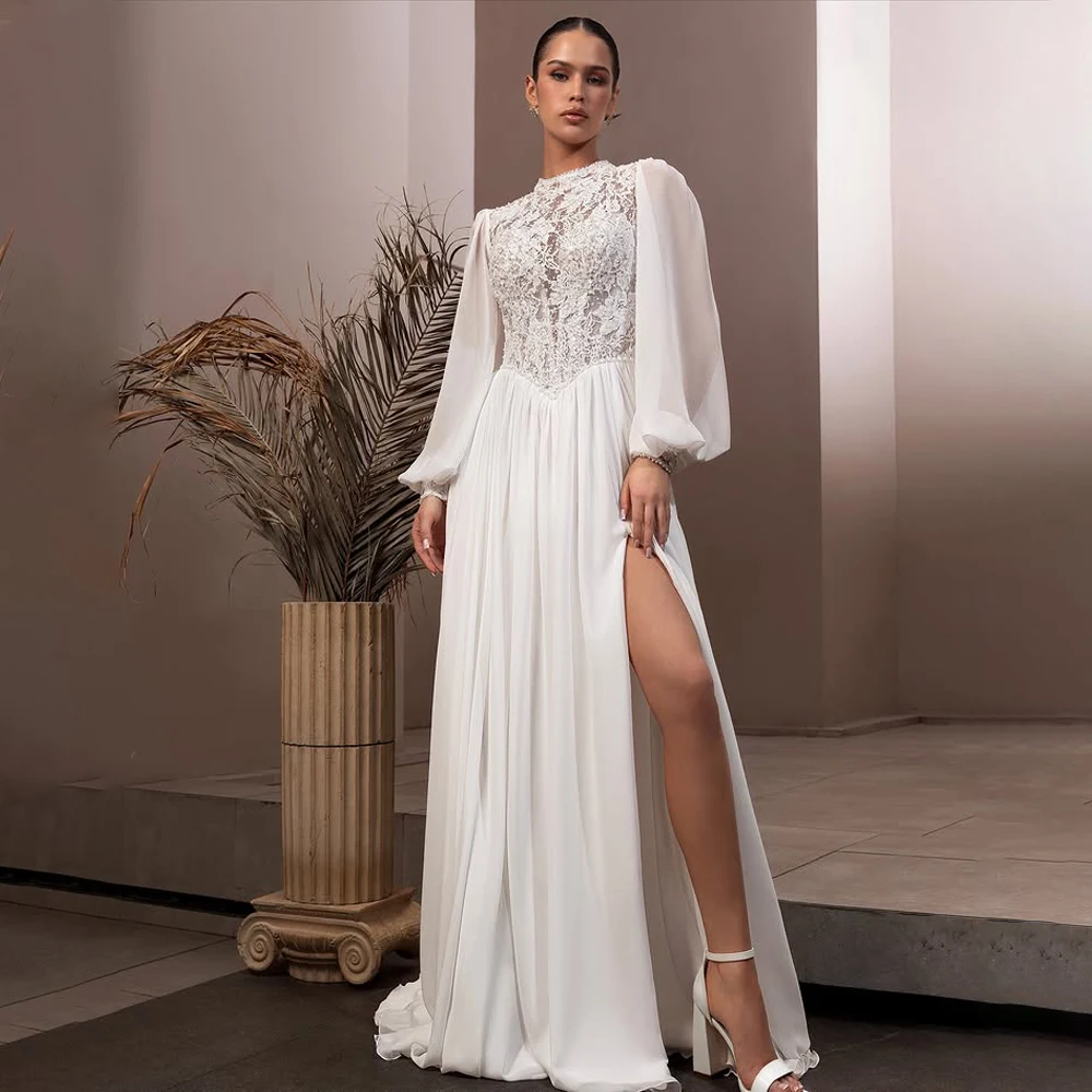 럭셔리 하이넥 레이스 아플리케 웨딩드레스 긴팔 A라인 앞트임 맞춤 제작 가능 웨딩드레스 202