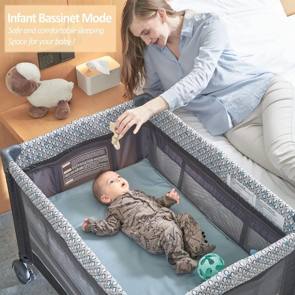 5 In 1 Multifunctioneel Pakket En Spel, Opvouwbaar Babybedje Met Wiegjes, Commode, Pasgeboren Napper Met Luifel