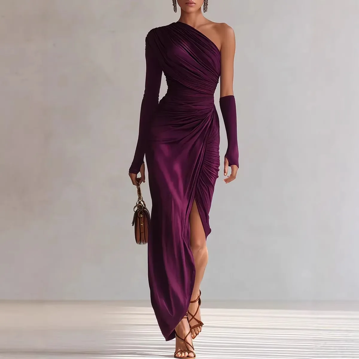 

Women Skew Collar Solid Maxi Dress Fashion High Waist One Shoulder Party Dress 2026 Elegant Holiday Patchwork Ladies Dress