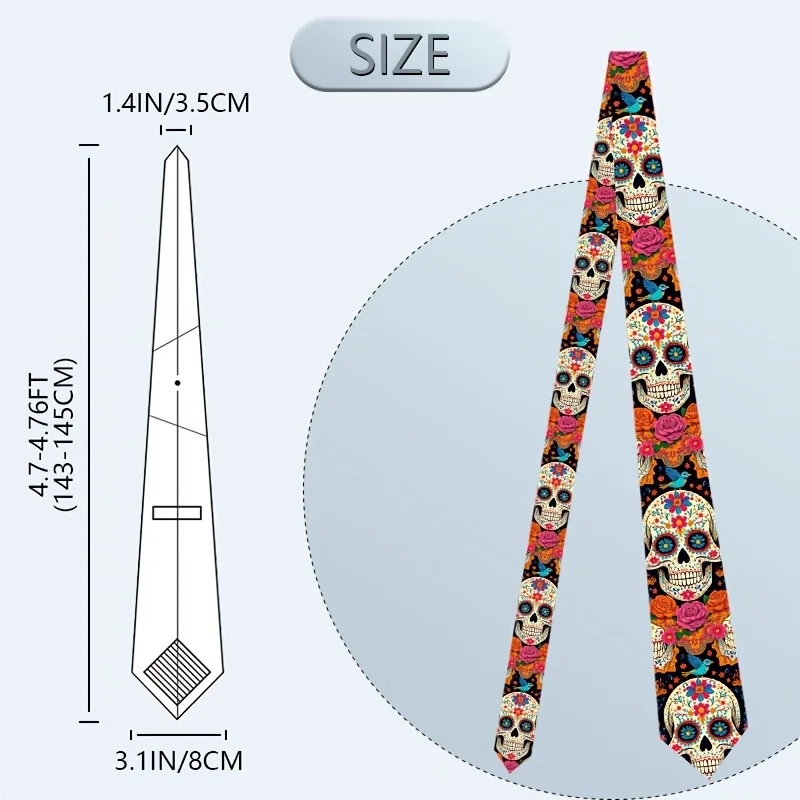 1pc Men's Mexican Day of the Dead (Día de los Muertos) Necktie - Skull & Marigold Print, Multicolor (Pink/Orange/Black/White)