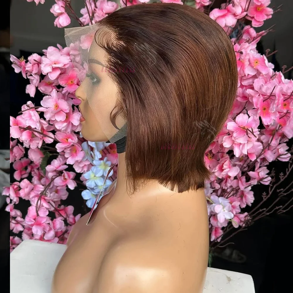Ombre T1B/4 Braun Kurze Pixie-Cut-Perücken für Frauen Echthaar 200% Glatt Schokoladenbraun Lace-Front-Bob-Perücke Brasilianisches Remy-Haar – Detail 10