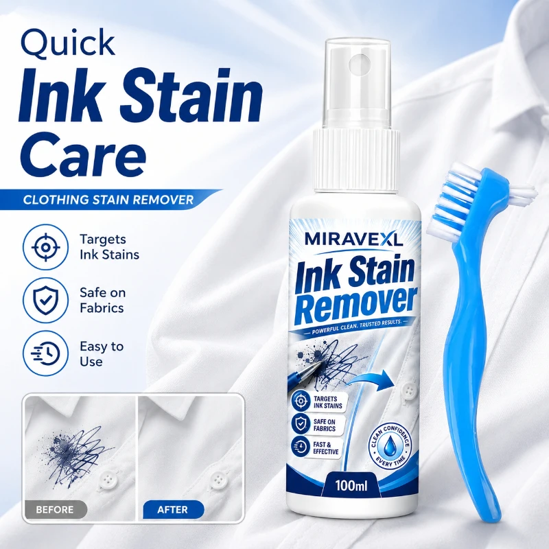 MIRAVEXL Ink Stain Remover Spray + Brush Set, Powerful Pen & Marker Stain Remover for Clothing, Fabric, Carpet, Upholstery