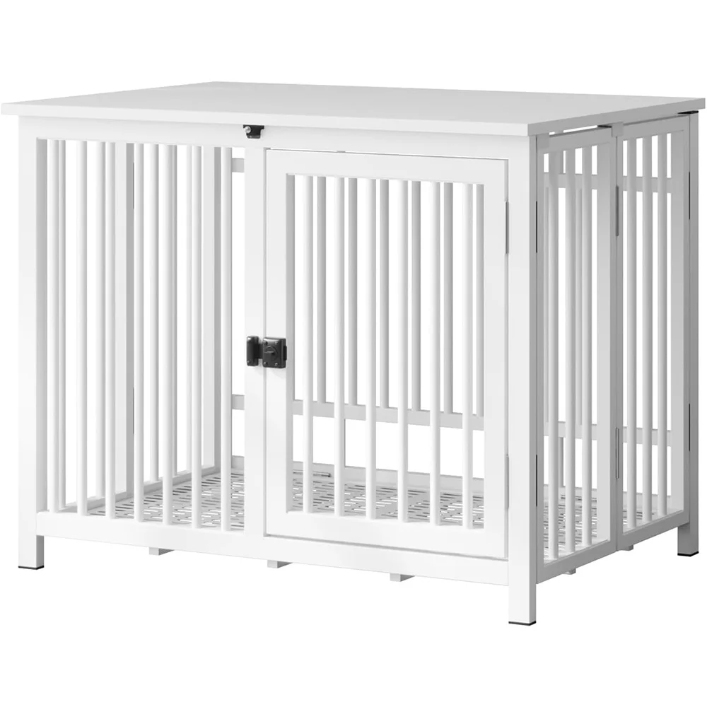 

Heavy Duty Dog Crate Furniture, Fully Assembled Exc. Locks All Metal Frame & Wooden Modern Kennel for Small Dog, Foldable, White