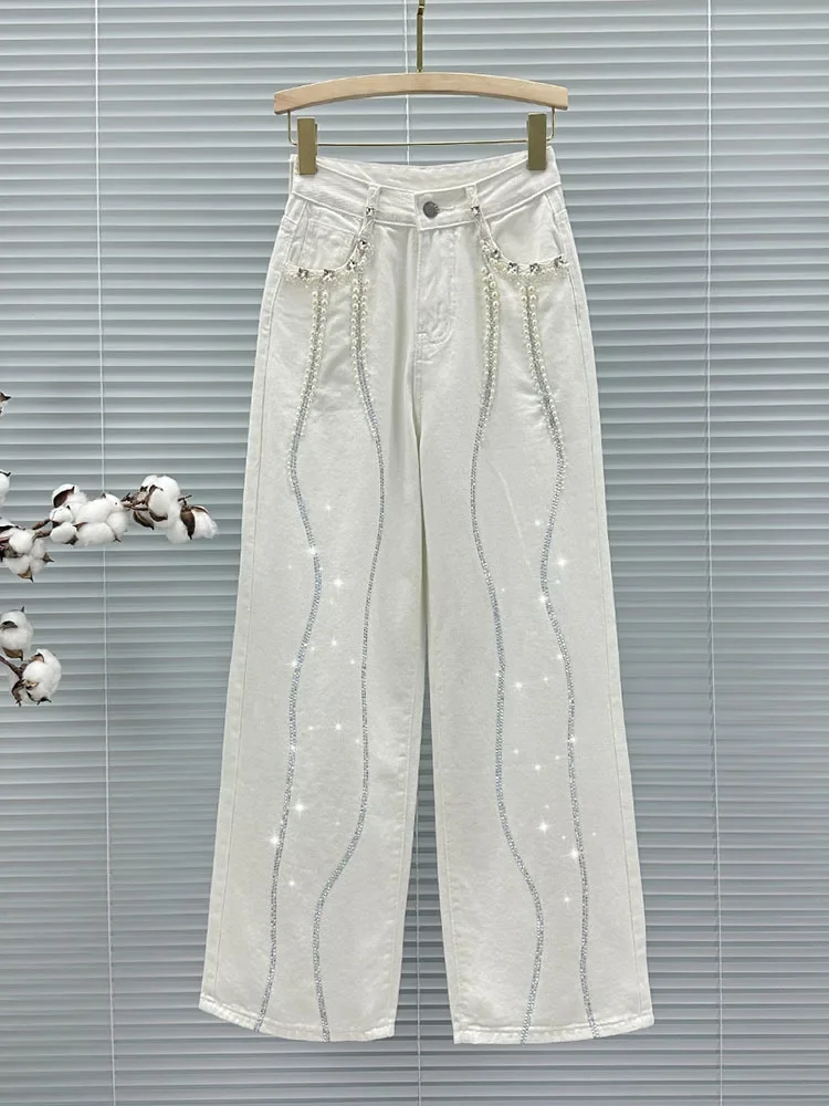 

Heavy Industry Beads Rhinestone Wide-Leg Pants Female 2024 Spring Autumn Retro Distressed Loose Jeans Women High Waisted Jeans