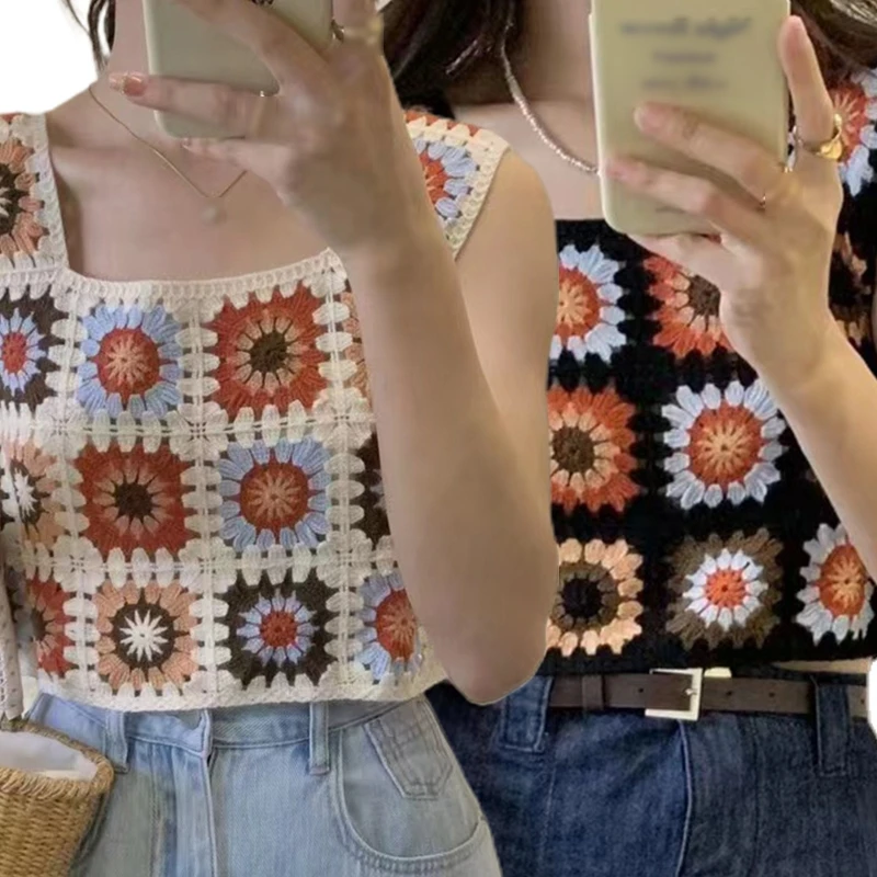 Zoete katoenen Bohemen tops zomer bloemenborduurwerk mouwloze crop tops casual strand gehaakte Franse stijl voor dames meisje