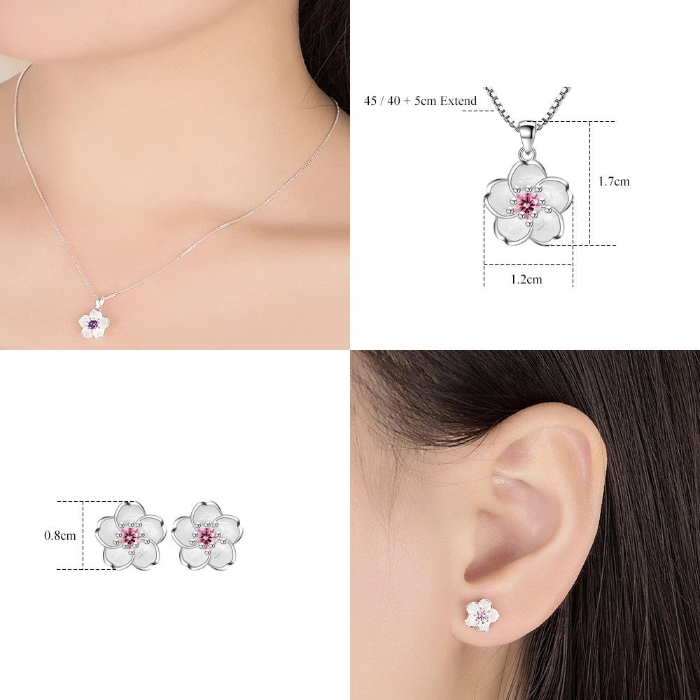Real 925 Sterling Silver Crystal Flower Pendant Necklace Stud Earrings Jewelry Sets For Women Vintage New FQL23079