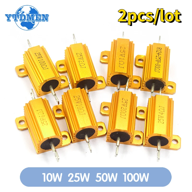2 szt. 100W 50W 25W 10W aluminiowy rezystor mocy 0.1 ~ 1Kohm metalowa obudowa rezystorów obciążenia drutowego 4ohm 6ohm 8ohm